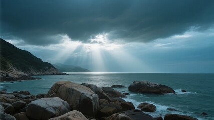 Dramatic coastal scene with sun rays piercing through storm clouds over rocky shoreline