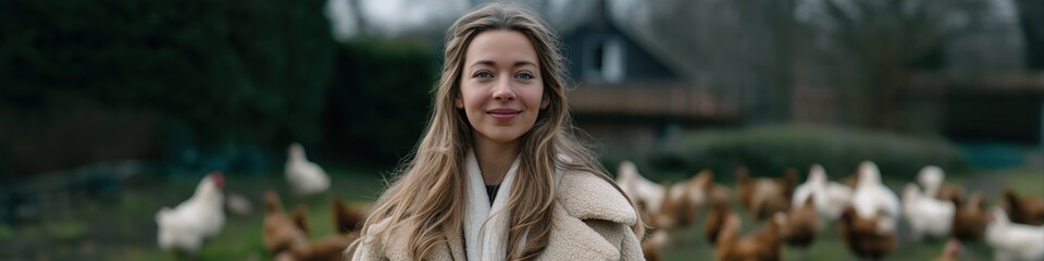 Fototapeta premium Young caucasian female in rural farm setting with chickens in the background