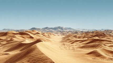 Endless golden desert with rolling sand dunes under clear blue sky and distant mountain horizon