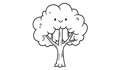 Cute cartoon tree illustration with happy face outline drawing for children educational content and nature themed projects isolated on white background
