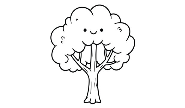 Cute cartoon tree illustration with happy face outline drawing for children educational content and nature themed projects isolated on white background