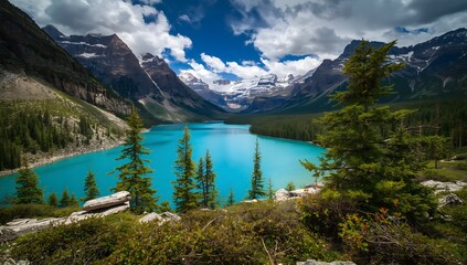 Panoramic landscape view of a lake with a mountain reflection in Canada with forests and snow in the background