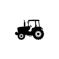 Silhouette of a farm tractor with detailed wheels and exhaust stack isolated on white background