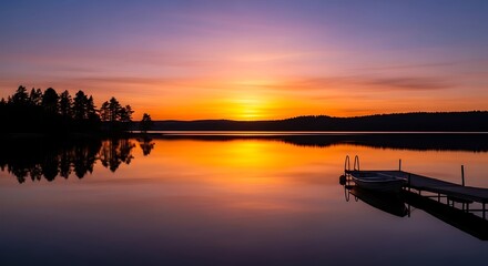 Serene Sunset over Calm Lake with Silhouetted Trees.