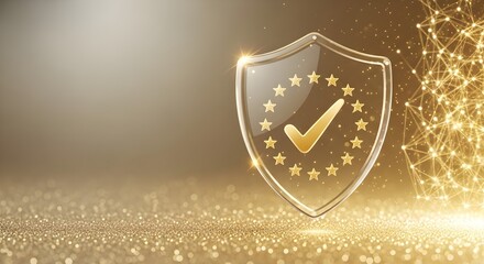 Golden shield with checkmark and stars, representing security and validation.