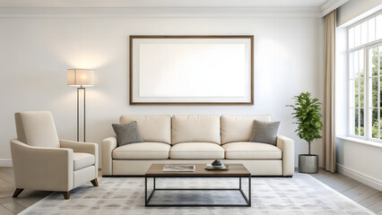 Bright minimalist living room with large framed art above sofa and plush armchair