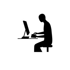 Silhouette of person working on computer at desk on representing technology and productivity isolated on white background