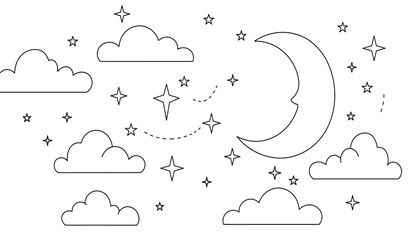 Whimsical crescent moon and starry night sky with fluffy clouds simple line art celestial dreamscape for serene ambiance isolated on white background