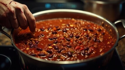 Hand stirring chili in a pan