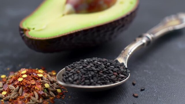 Avocado half  spicy seasonings culinary delight