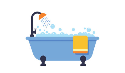 Relaxing bathtub scene with bubbles water flowing and yellow towel for a soothing bath experience isolated on white background