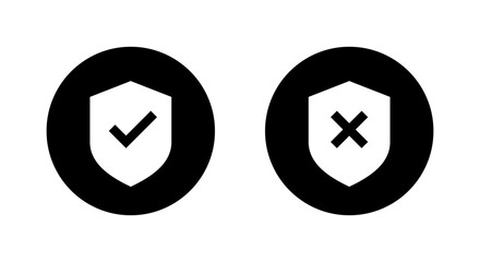 Shield protection with tick and cross icon. Security approve and reject symbol in black circle