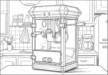 Detailed popcorn machine drawing, vintage style, kitchen appliance