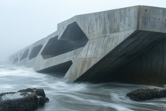 Waves crashing over ocean structure.