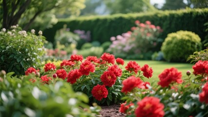 A vibrant garden scene featuring red flowering plants in full bloom, surrounded by green shrubs and manicured hedges.