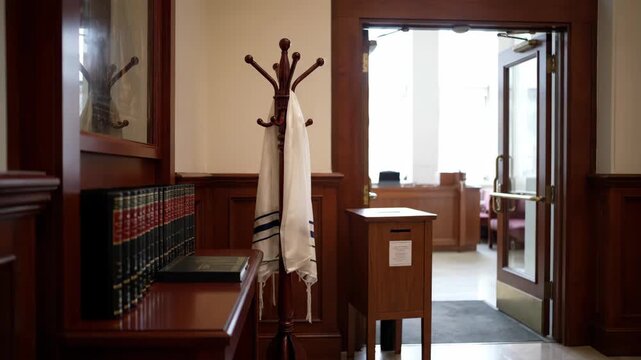 A serene hallway in a synagogue, adorned with Jewish artifacts, creating an atmosphere of reverence, Quiet hallway with a tallit hanging on a coat rack in a synagogue