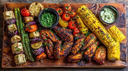 Grilled Chicken Wings, Corn, and Vegetable Skewers on Wooden Board, Top View