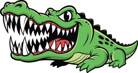Cartoon green crocodile with large teeth, mouth wide open, fierce