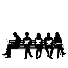 Silhouettes of people sitting on a bench reading and using a laptop isolated on white background