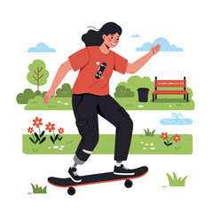 Person with prosthetic leg skateboarding through a vibrant park enjoying outdoor recreation isolated on white background