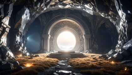 Mystical Stone Archway in Cave Leading to Bright Light