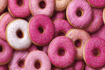 A delicious pile of pink donuts with sprinkles and icing