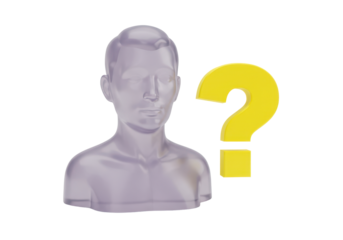 Isolated translucent human bust and yellow question mark render, inquiry about the unknown