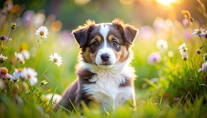Puppy Portrait in Lush Green Meadow at Sunset with Bright Sunlight and Daisies Looking Cute