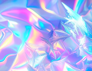 Close-up of a vibrant holographic surface with iridescent colors and sharp, crystalline textures, creating an abstract and futuristic visual.