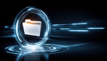 Digital folder icon glowing in futuristic data tunnel, motion blur and neon light evoke fast secure file transfer and cloud access