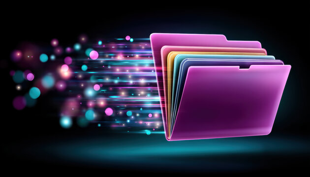 Colorful file folder with glowing data stream and motion blur conveying fast digital transfer and dynamic organization