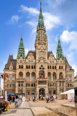 Obraz premium Liberec, Tschechien/CZ (Reichenbach), Historische Altstadt, Altstadtszene, Rathaus am markt