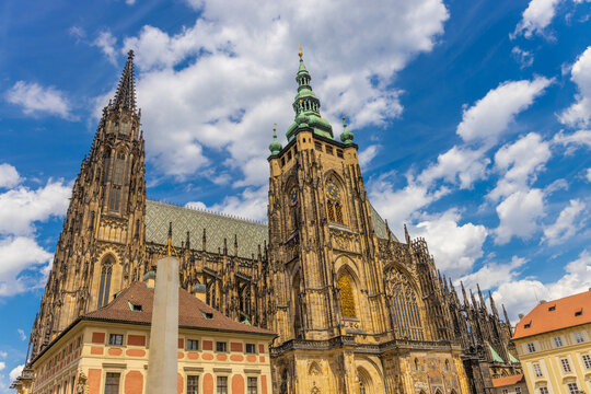Fototapeta Prague cityscape, the capital of Czech Republic tourist sights. Prague historic center district at Charles bridge during the day. Busy tourist area city sights of Prague, capital of Czech