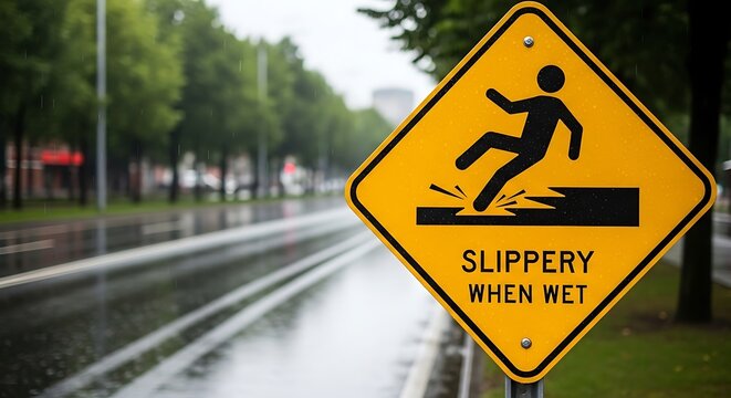 Slippery when wet road sign warns of potential hazards during rainy conditions.