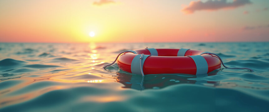 Lifebuoy on calm ocean water during sunset