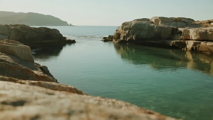 A serene coastal cove with clear turquoise water surrounded by rocky formations under a calm sky.