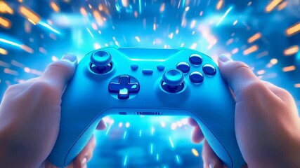 Hands holding blue video game controller with glowing neon effects and explosive light particles in vibrant blue and orange tones. Close-up perspective capturing gaming excitement. - Powered by Adobe