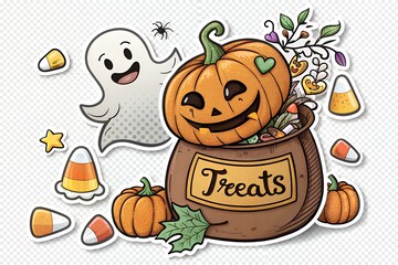 Cute halloween ghost and jack o lantern treat bag with candy corn