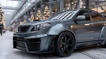Obraz premium A sleek wide-body SUV stands out against a black background filled with stars and delicate snowflakes, highlighting its sporty features.