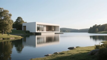 Modern minimalist house situated on a calm lake surrounded by greenery and hills under clear sky
