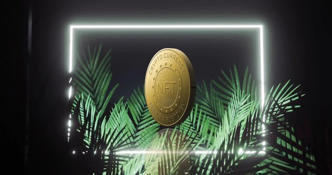 NFT coin appearing and rotating amid pulsing neon frame with swaying palm leaves highlighting token
