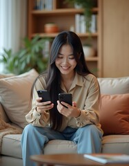 Smiling woman using smartphone at home