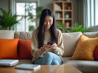 Smiling woman using smartphone at home