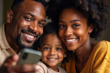 Fototapeta premium portrait of happy african american family taking selfie with smartphone at home, dad, mom and son