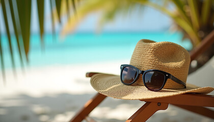 Straw hat resting on deck chair by tropical beach