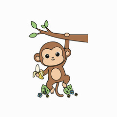 Playful vector monkey with banana icon in child book style. Fun, colorful, and charming 2D illustration, perfect for kids’ stories, learning materials, nursery decor, and creative design projects