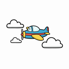 Whimsical flat vector airplane with fluffy cloud in child book style. Bright, playful 2D design ideal for kids’ stories, learning materials, nursery themes, travel education, and creative projects