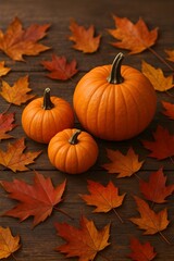 Pumpkins with autumn leaves on rustic wooden table