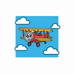 Whimsical flat vector airplane with fluffy cloud in child book style. Bright, playful 2D design ideal for kids’ stories, learning materials, nursery themes, travel education, and creative projects