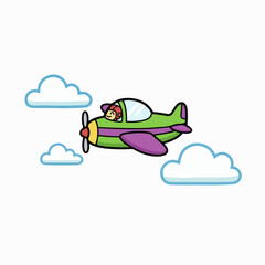Whimsical flat vector airplane with fluffy cloud in child book style. Bright, playful 2D design ideal for kids’ stories, learning materials, nursery themes, travel education, and creative projects